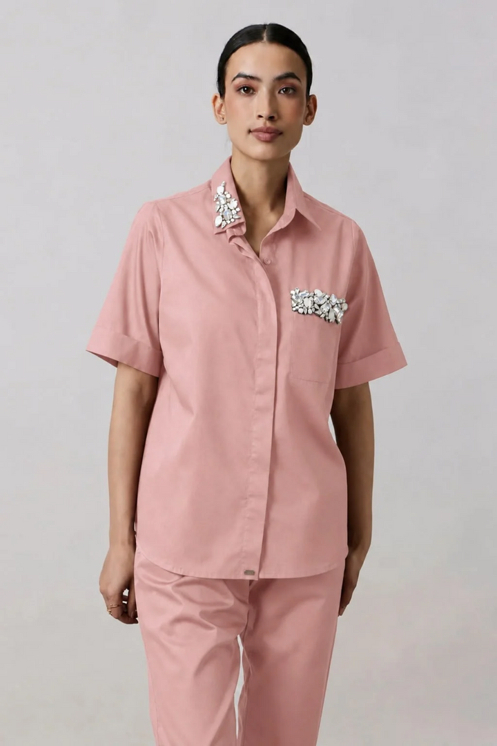 Salmom Collar Pocket Crystal Co-ord Set
