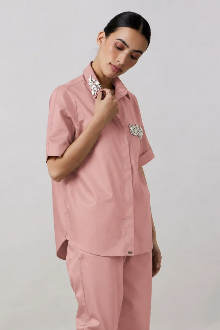 Salmom Collar Pocket Crystal Co-ord Set