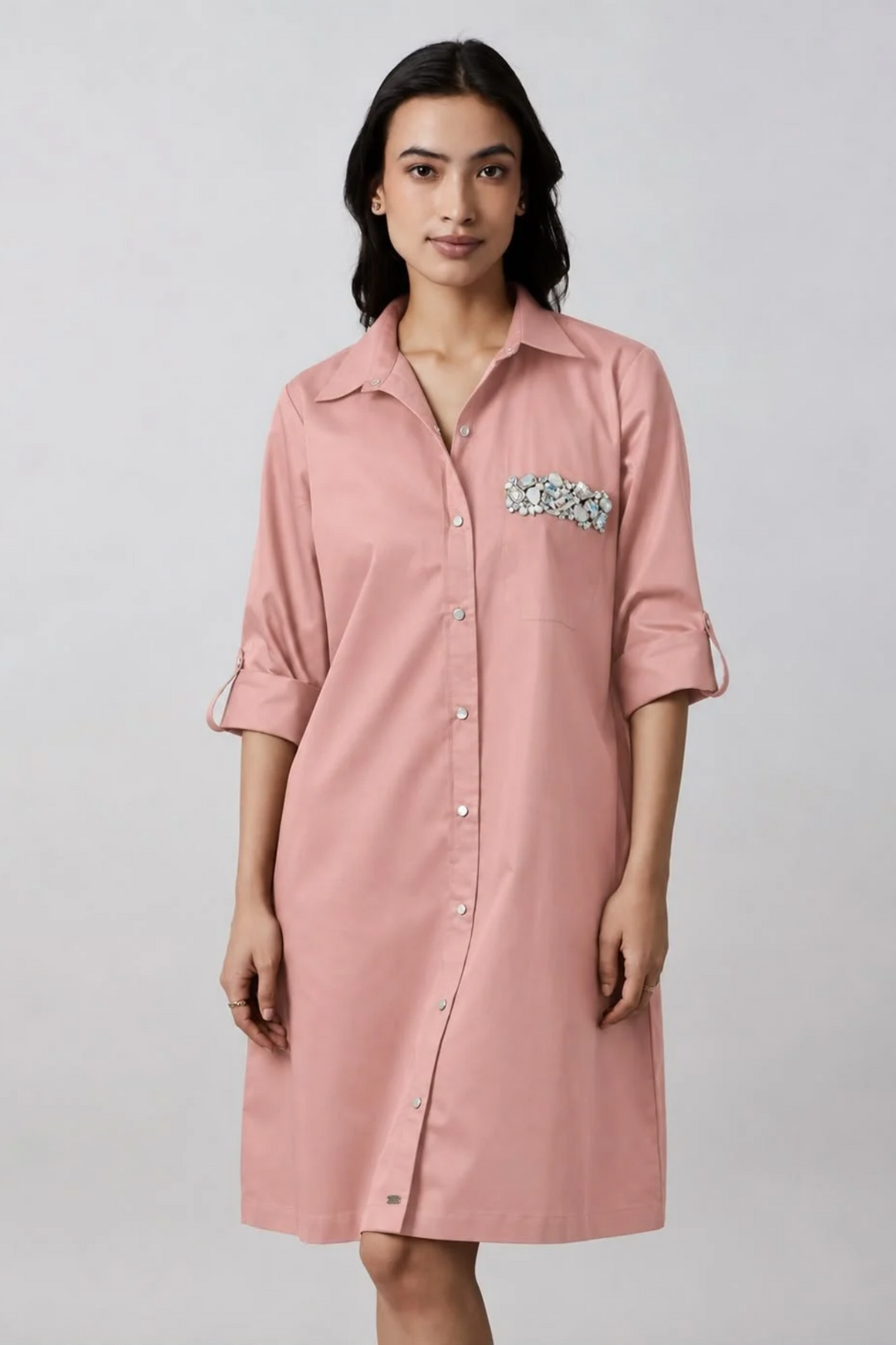 Salmon Pocket Crystal Shirt Dress