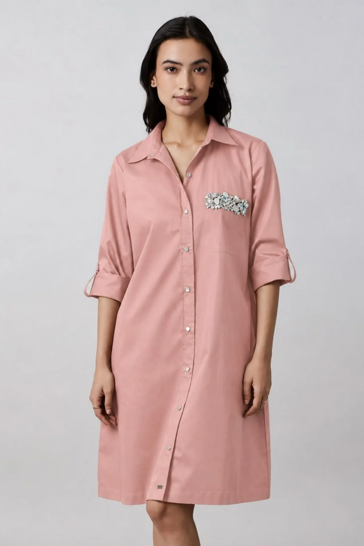 Salmon Pocket Crystal Shirt Dress