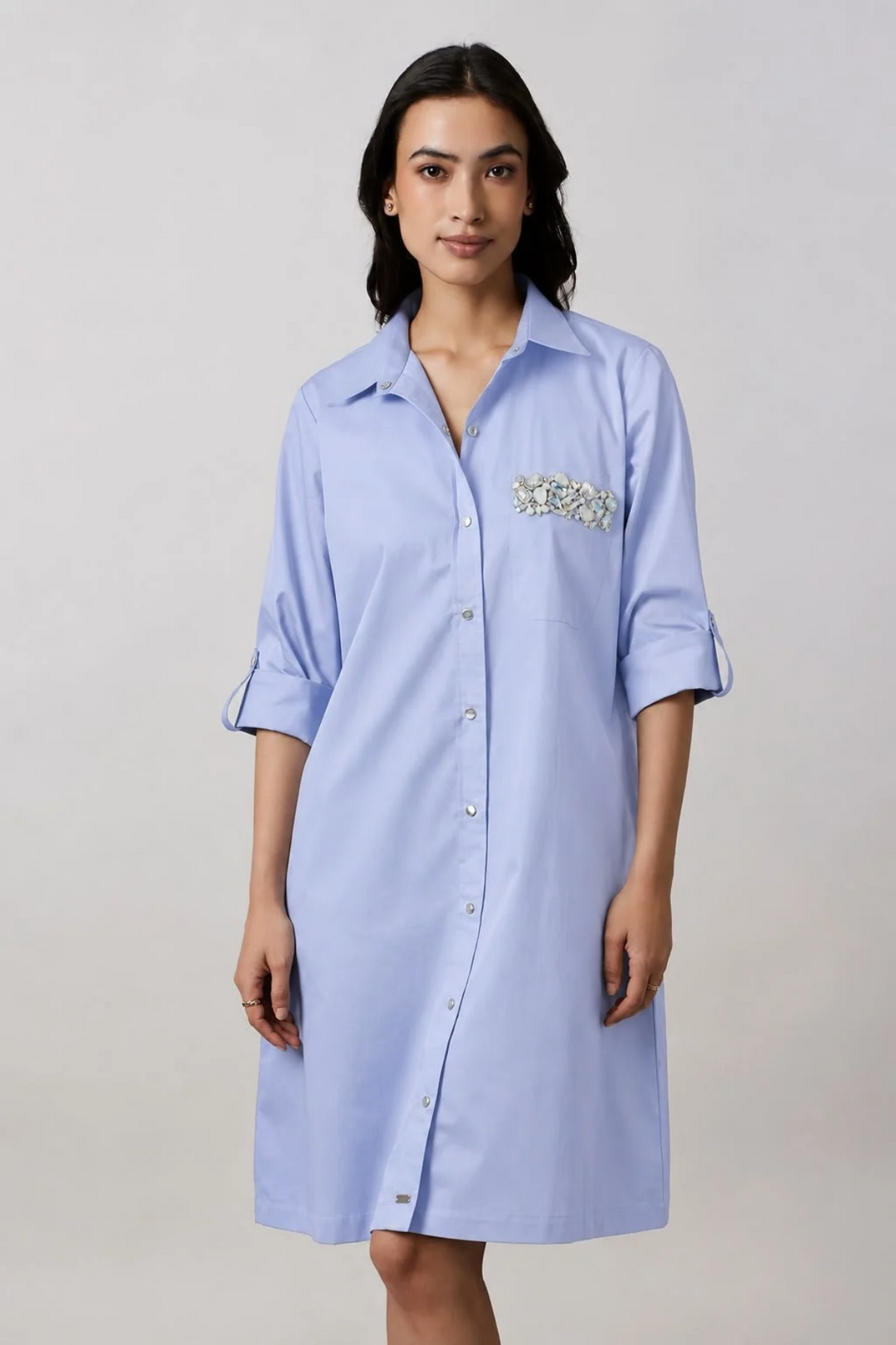 Sky blue Pocket Crystal Shirt Dress