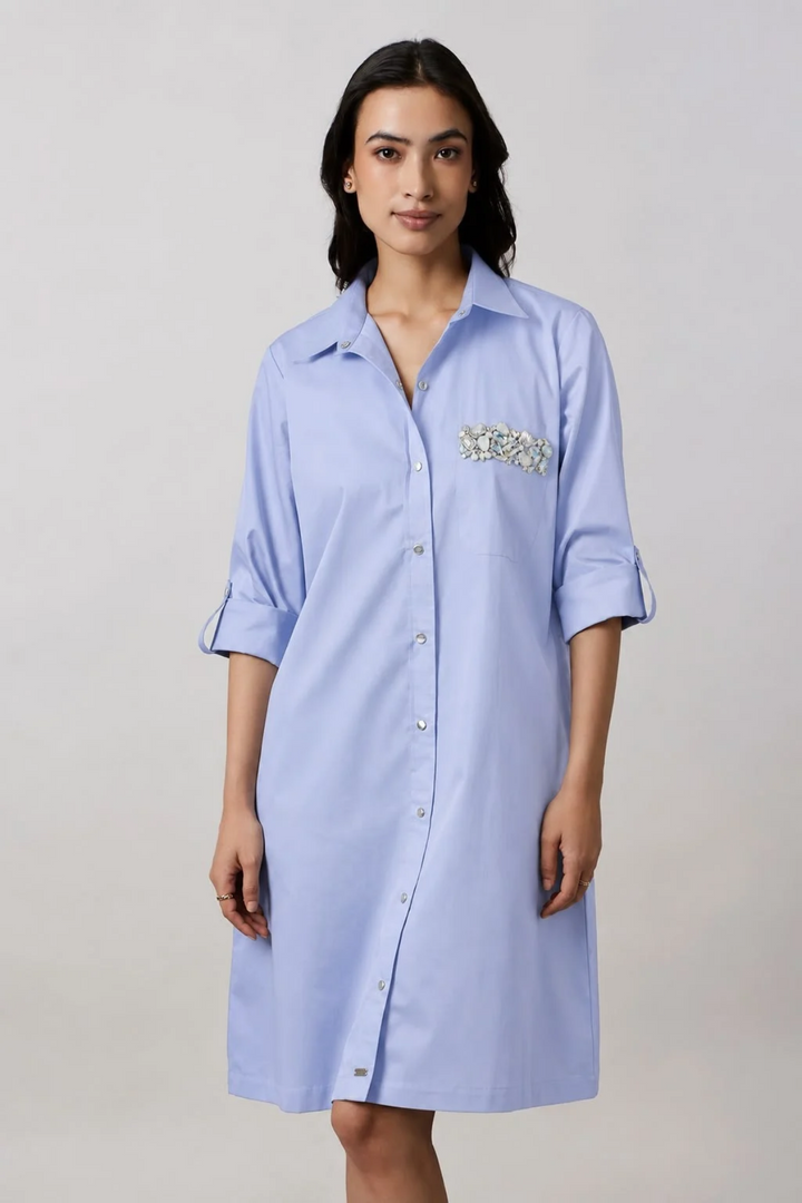 Sky blue Pocket Crystal Shirt Dress