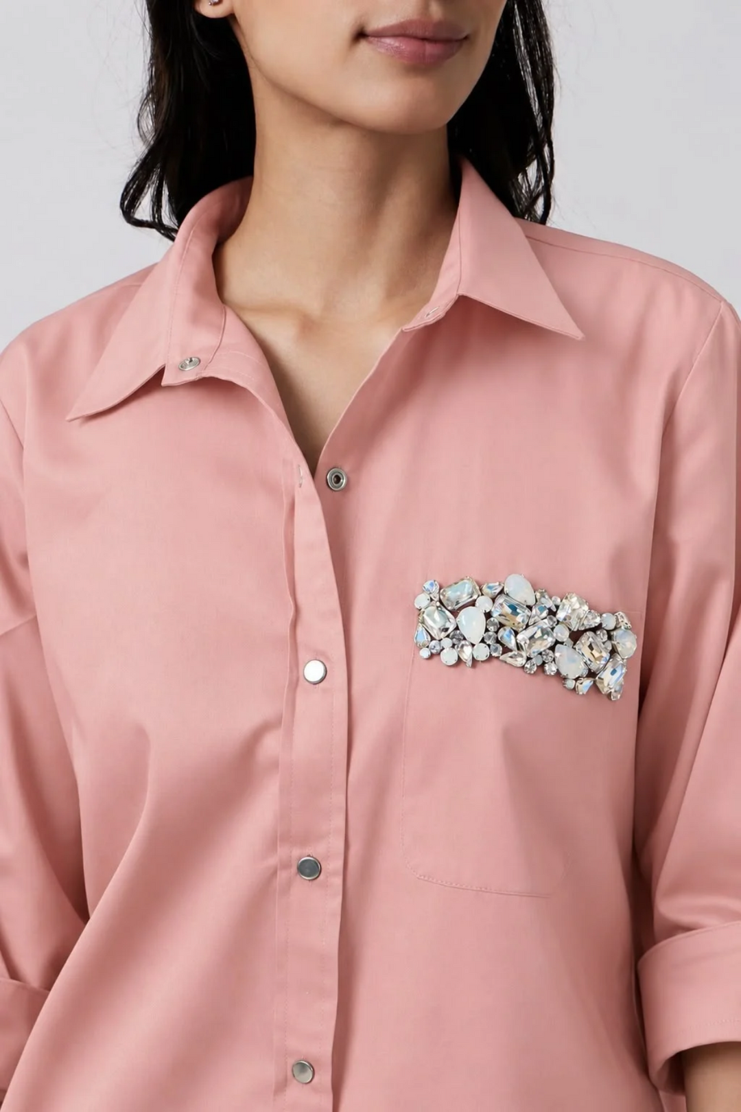 Salmon Pocket Crystal Shirt Dress