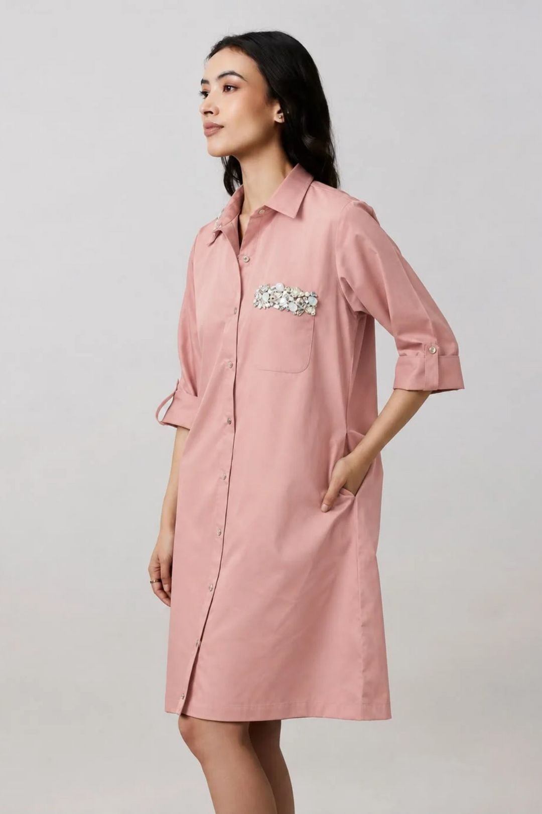 Salmon Pocket Crystal Shirt Dress