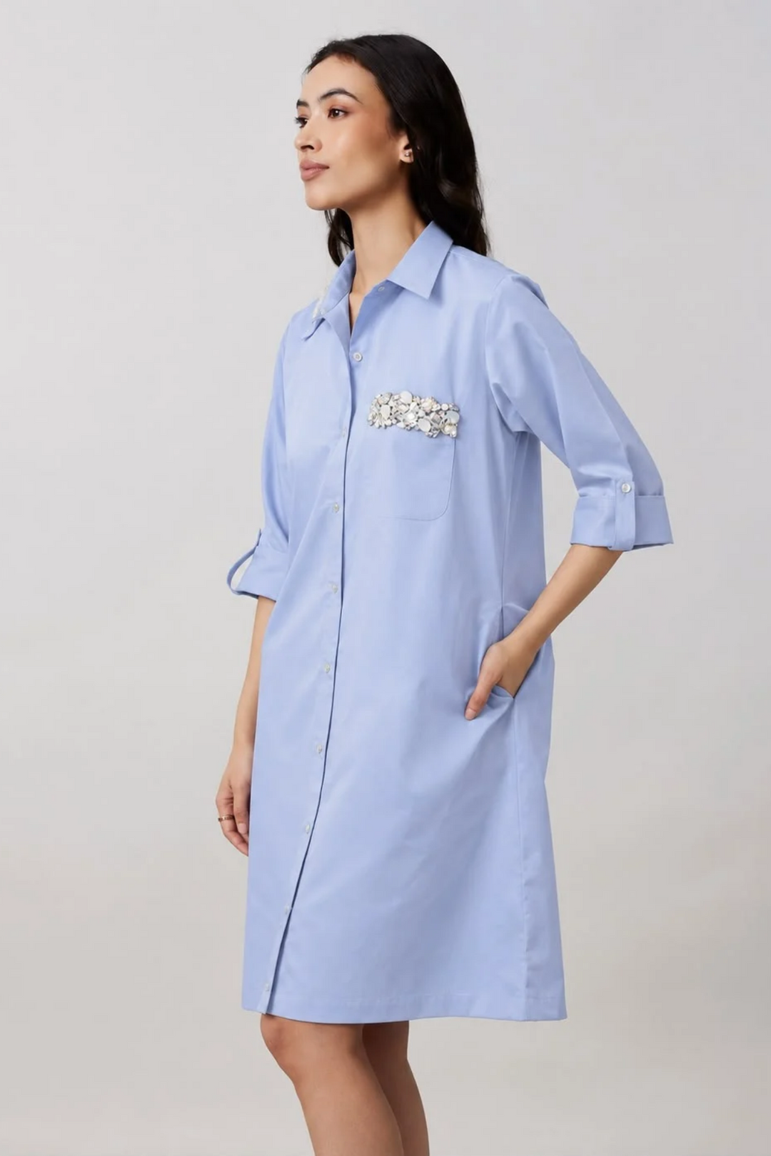 Sky blue Pocket Crystal Shirt Dress