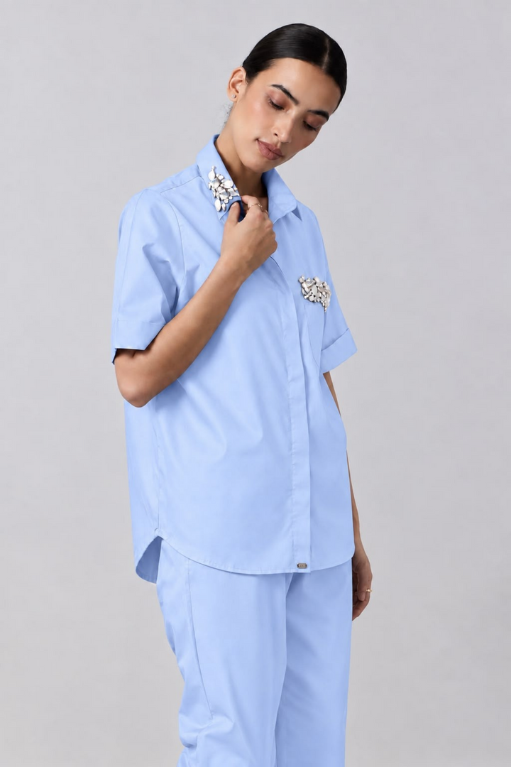 Sky Blue Pocket Crystal Co-ord Set