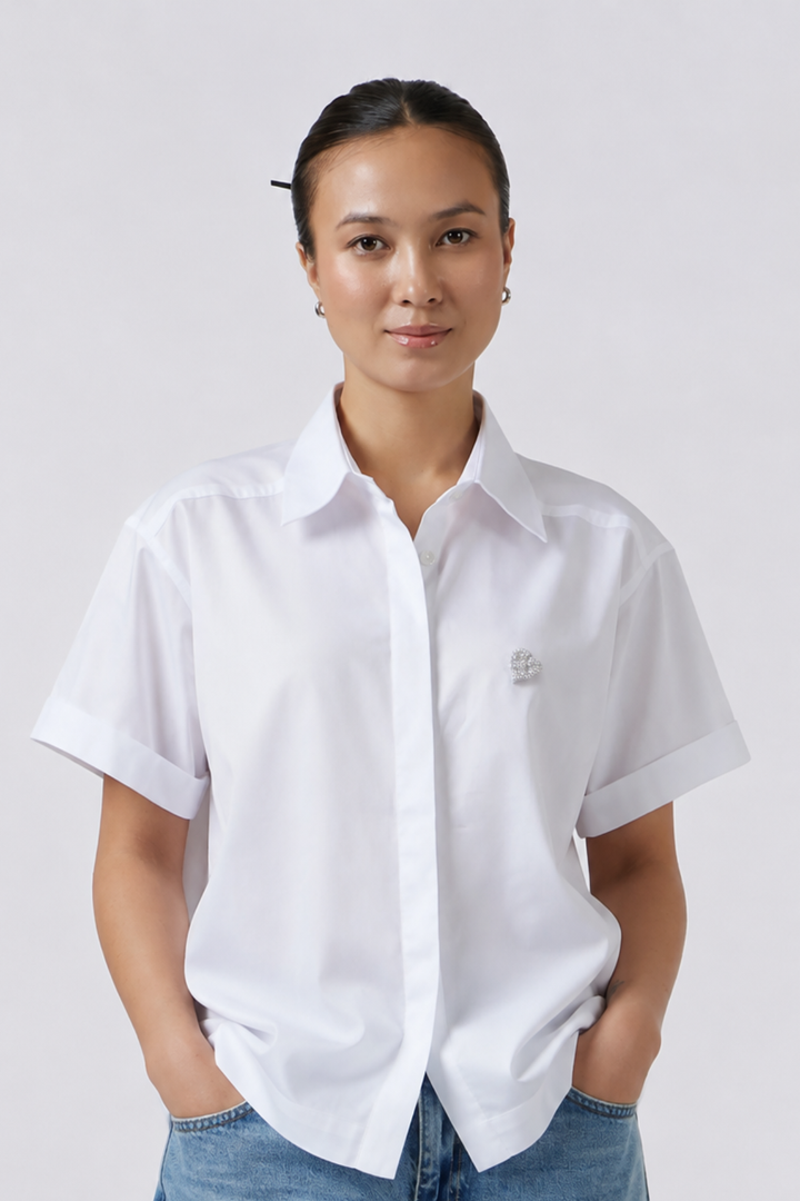 Pearl Heart White Crop Shirt