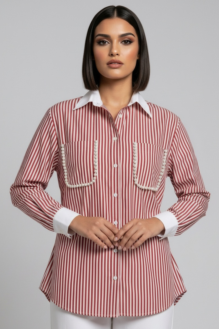 Red Stripe Pearl Pocket Shirt