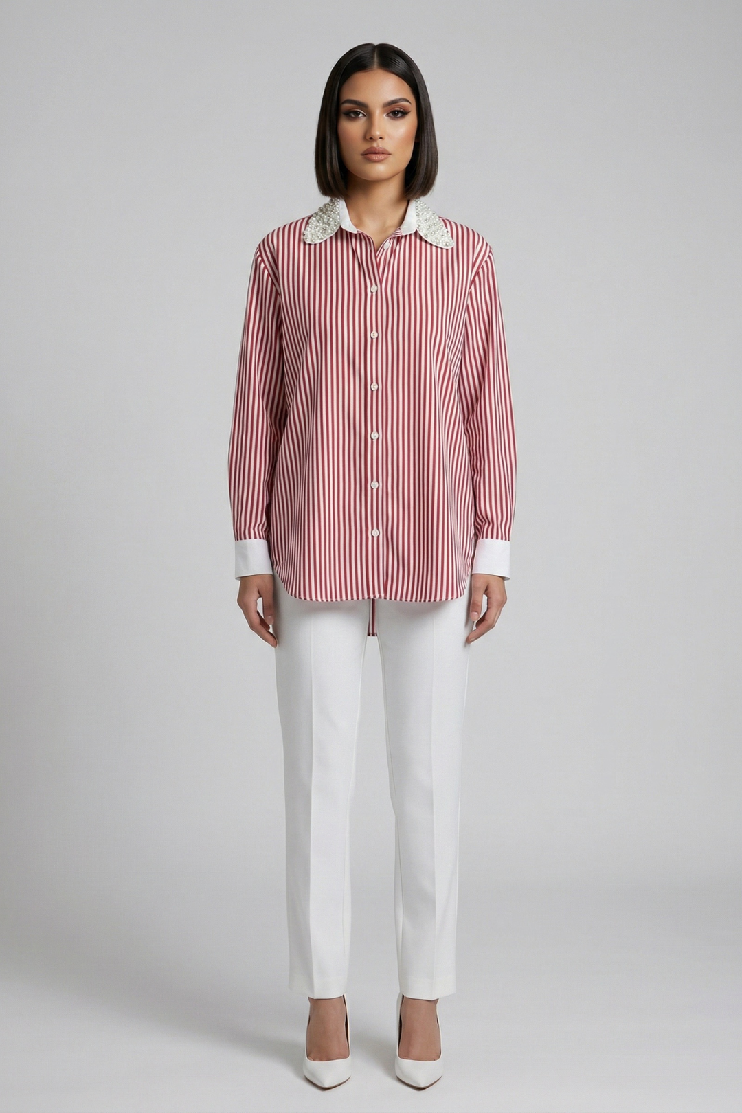 Red Stripe Crystal Pearl Collar Shirt