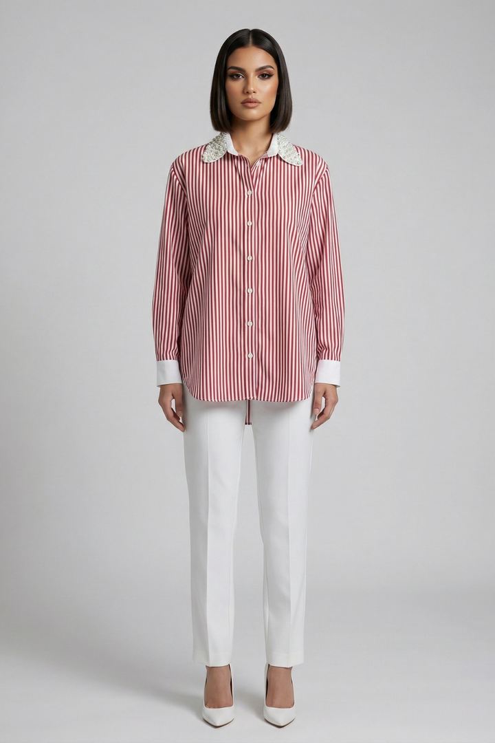 Red Stripe Crystal Pearl Collar Shirt
