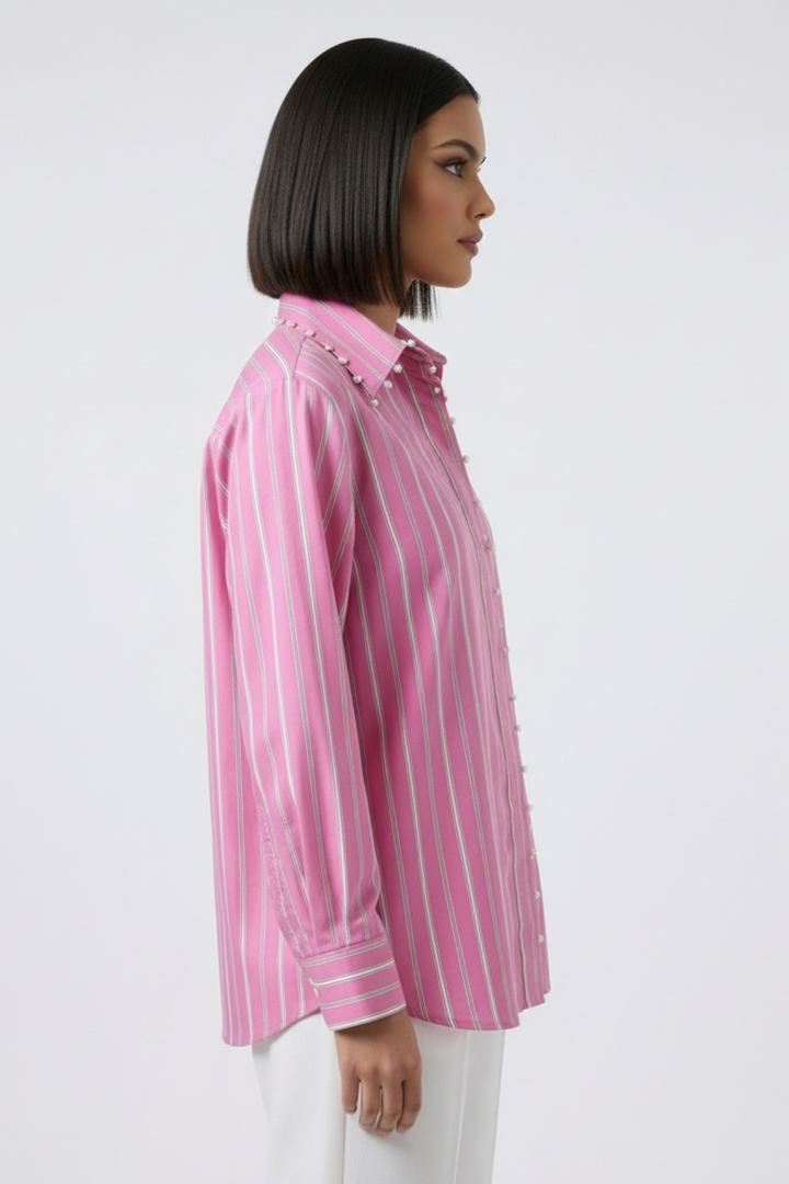 Pink Stripe Pearl Collar Placket Shirt