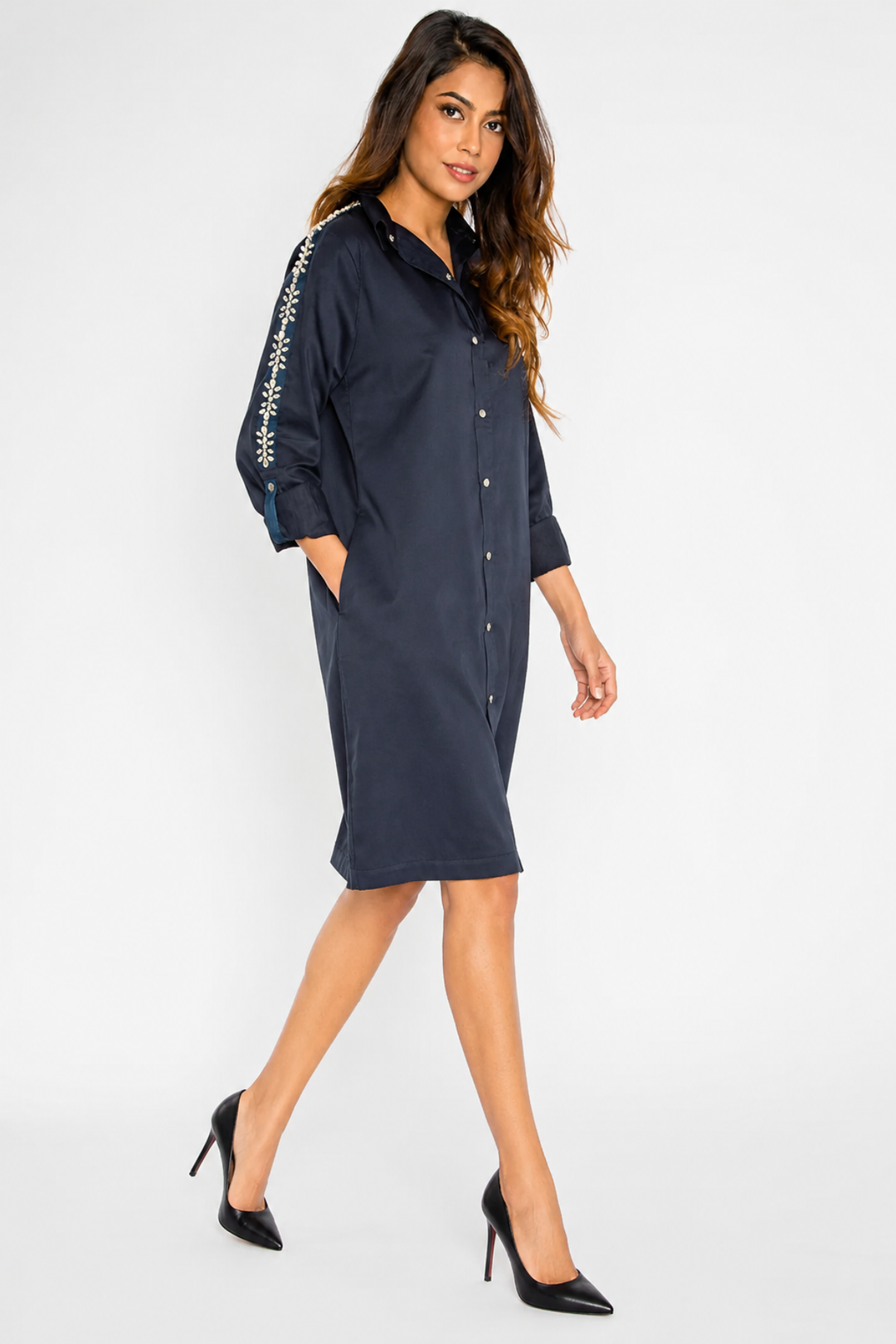 Navy Crystal Ribbon Shirt Dress