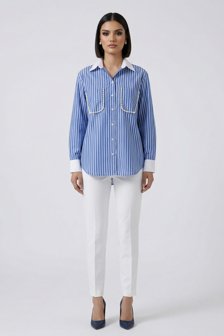 Blue Stripe Pearl Pocket Shirt