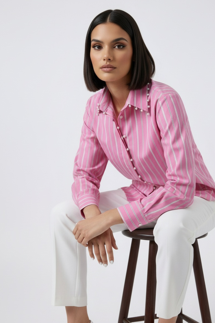 Pink Stripe Pearl Collar Placket Shirt