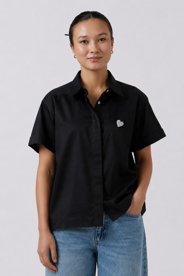 Pearl Heart Black Crop Shirt