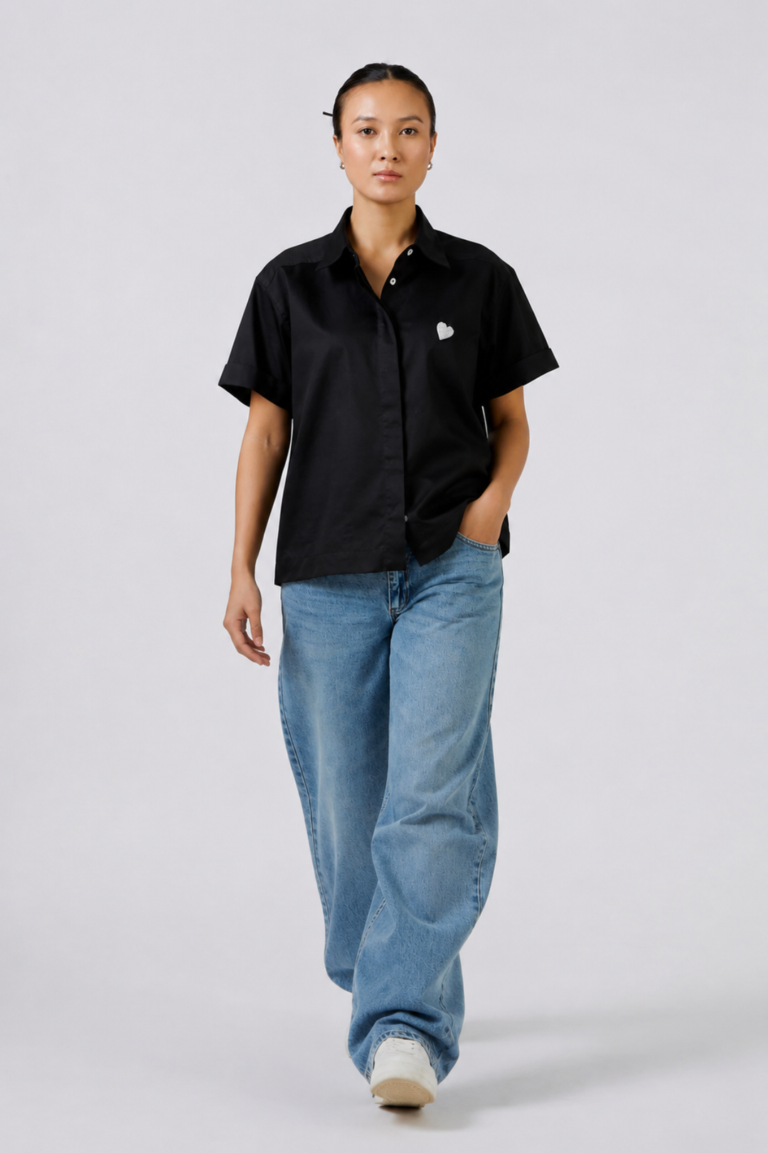 Pearl Heart Black Crop Shirt