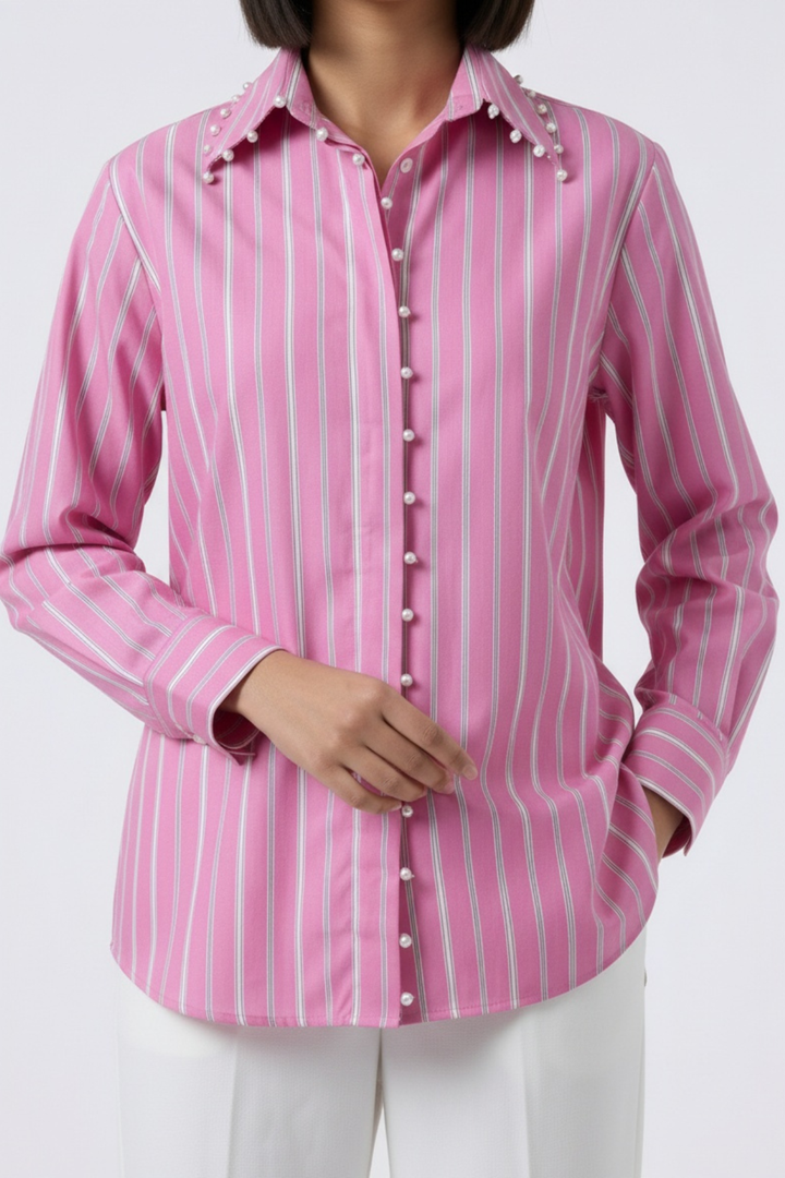 Pink Stripe Pearl Collar Placket Shirt