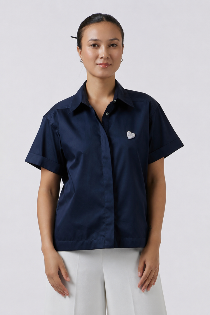Pearl Heart Navy Crop Shirt