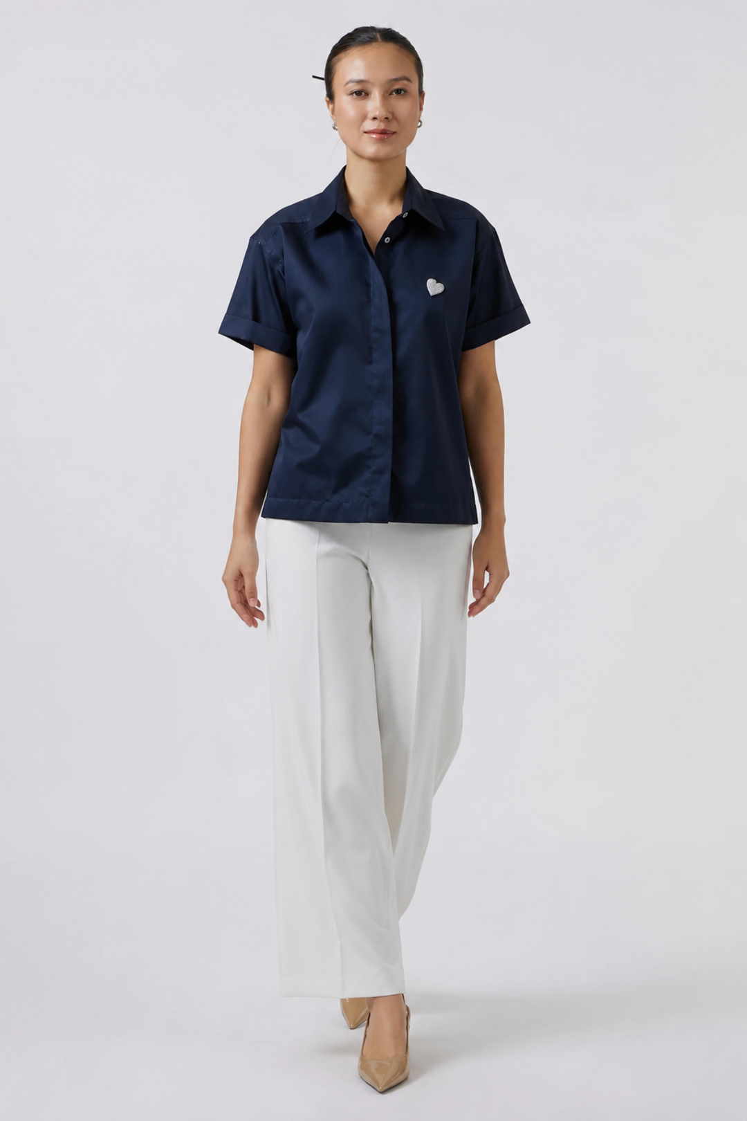 Pearl Heart Navy Crop Shirt