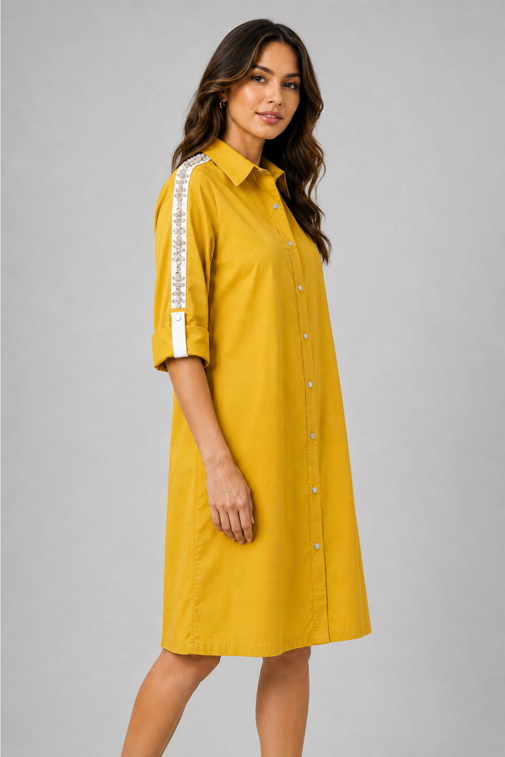 Mustard Crystal Ribbon Shirt Dress