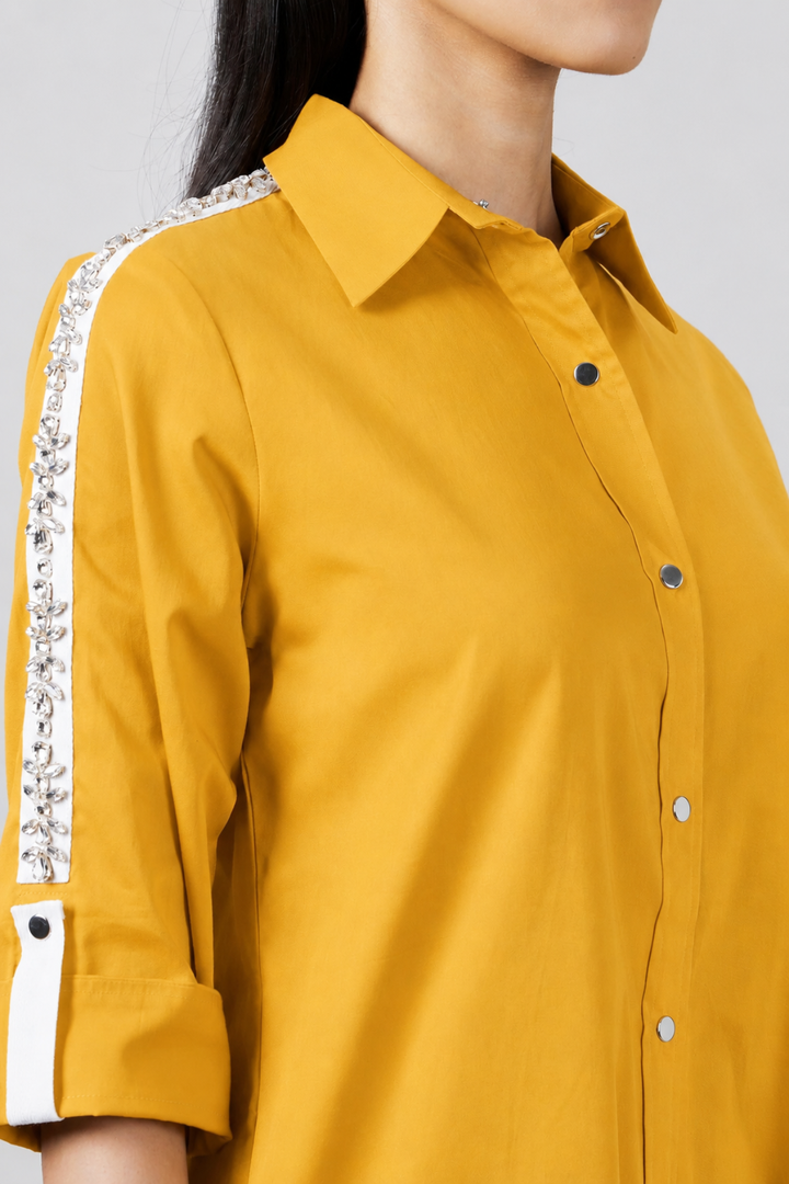 Mustard Crystal Ribbon Shirt Dress