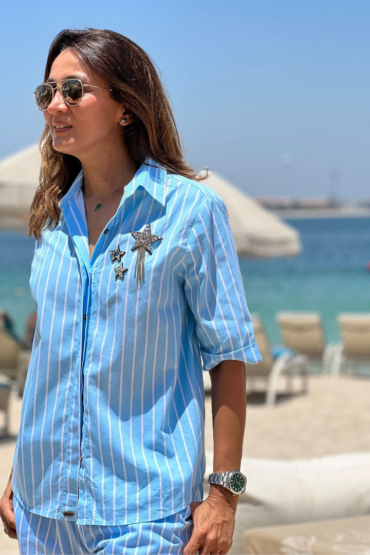 Blue Stripe Star Fringe Shirt