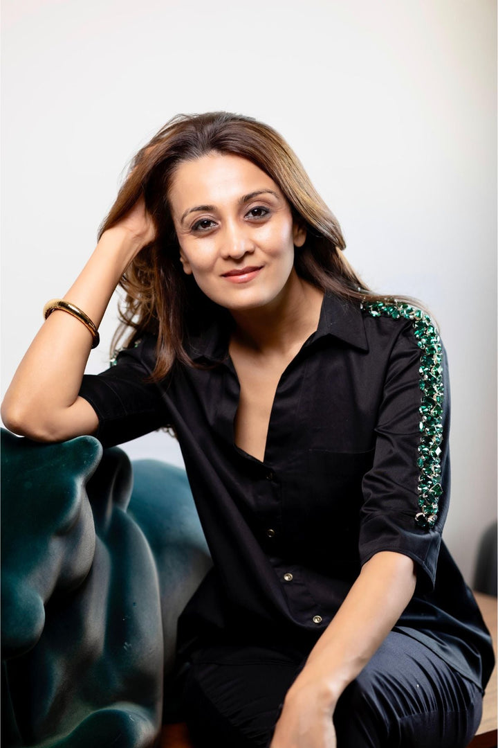 Black Emerald Swarovski Ribbon Shirt - PALLAVI SWADI  