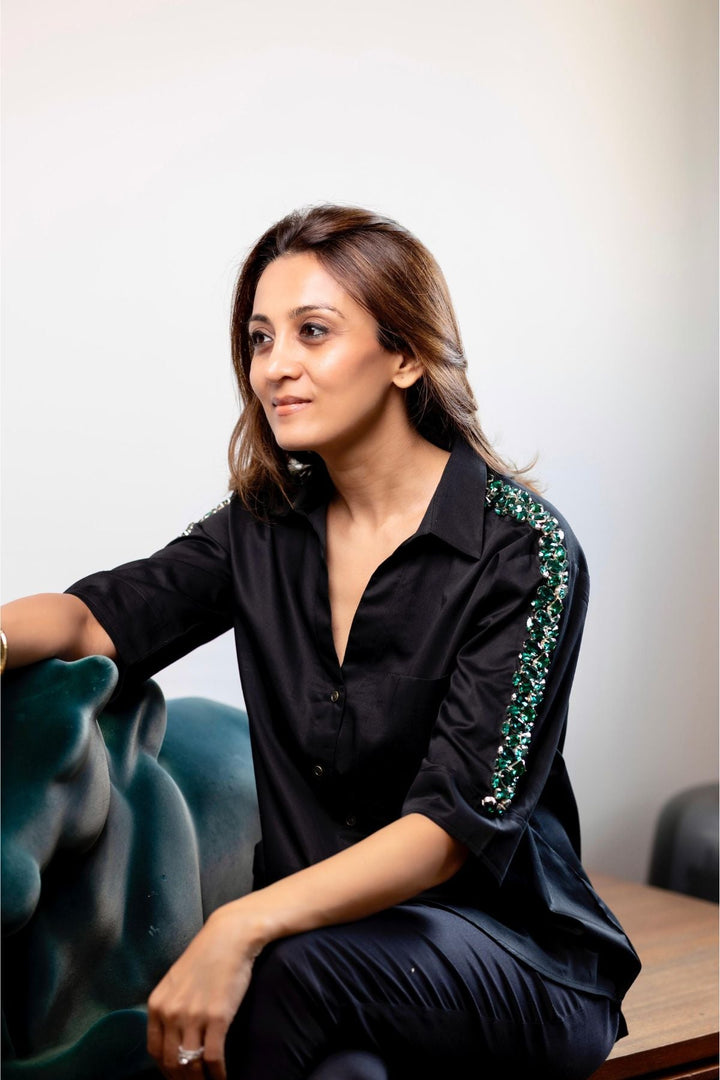 Black Emerald Swarovski Ribbon Shirt - PALLAVI SWADI  