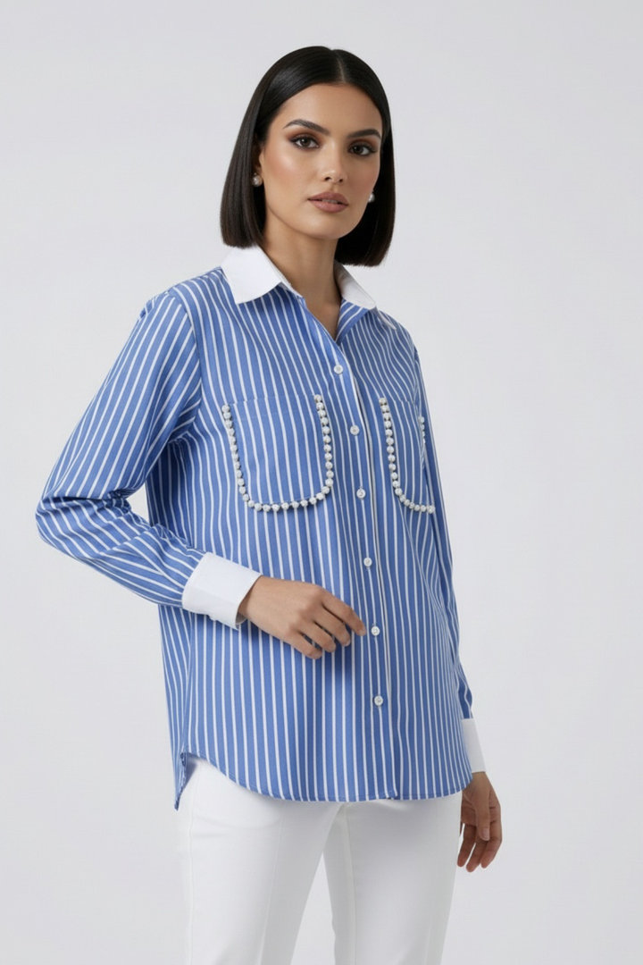 Blue Stripe Pearl Pocket Shirt