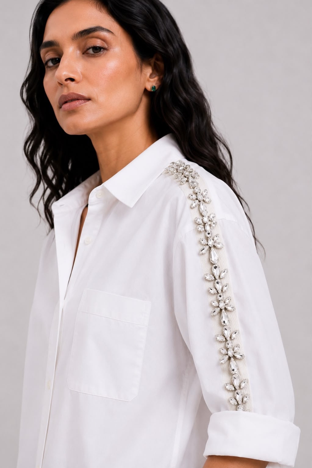 White Monochrome Flower Crystal Ribbon Shirt