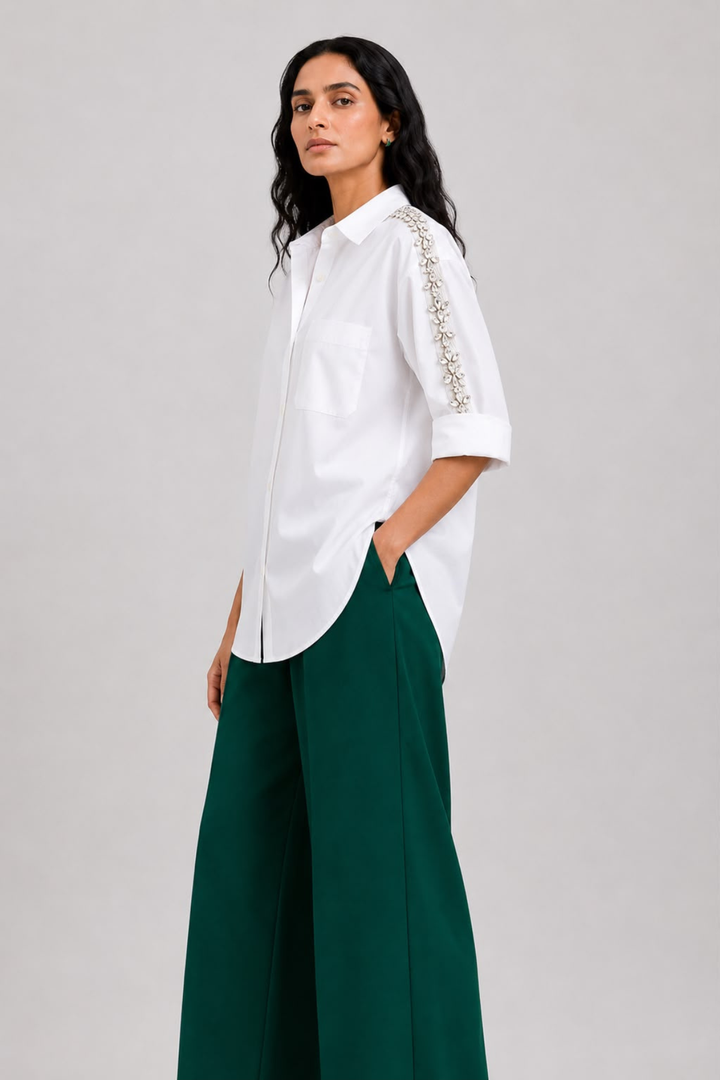 White Monochrome Flower Crystal Ribbon Shirt