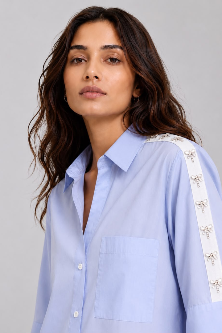 Sky Blue Dragonfly Crystal Ribbon Shirt