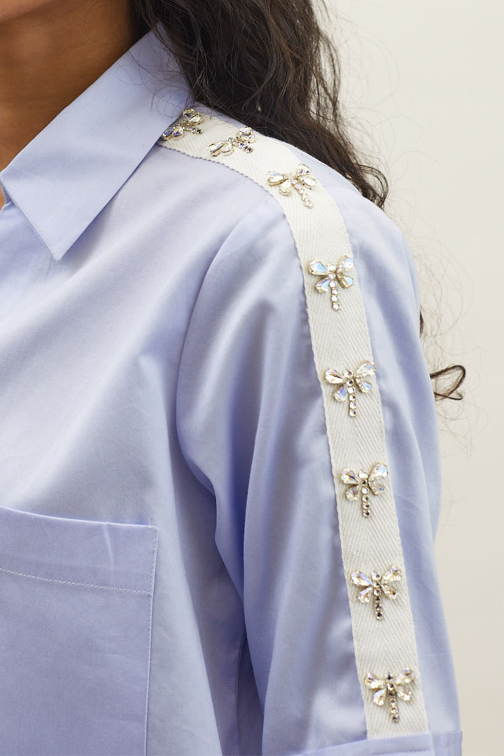 Sky Blue Dragonfly Crystal Ribbon Shirt