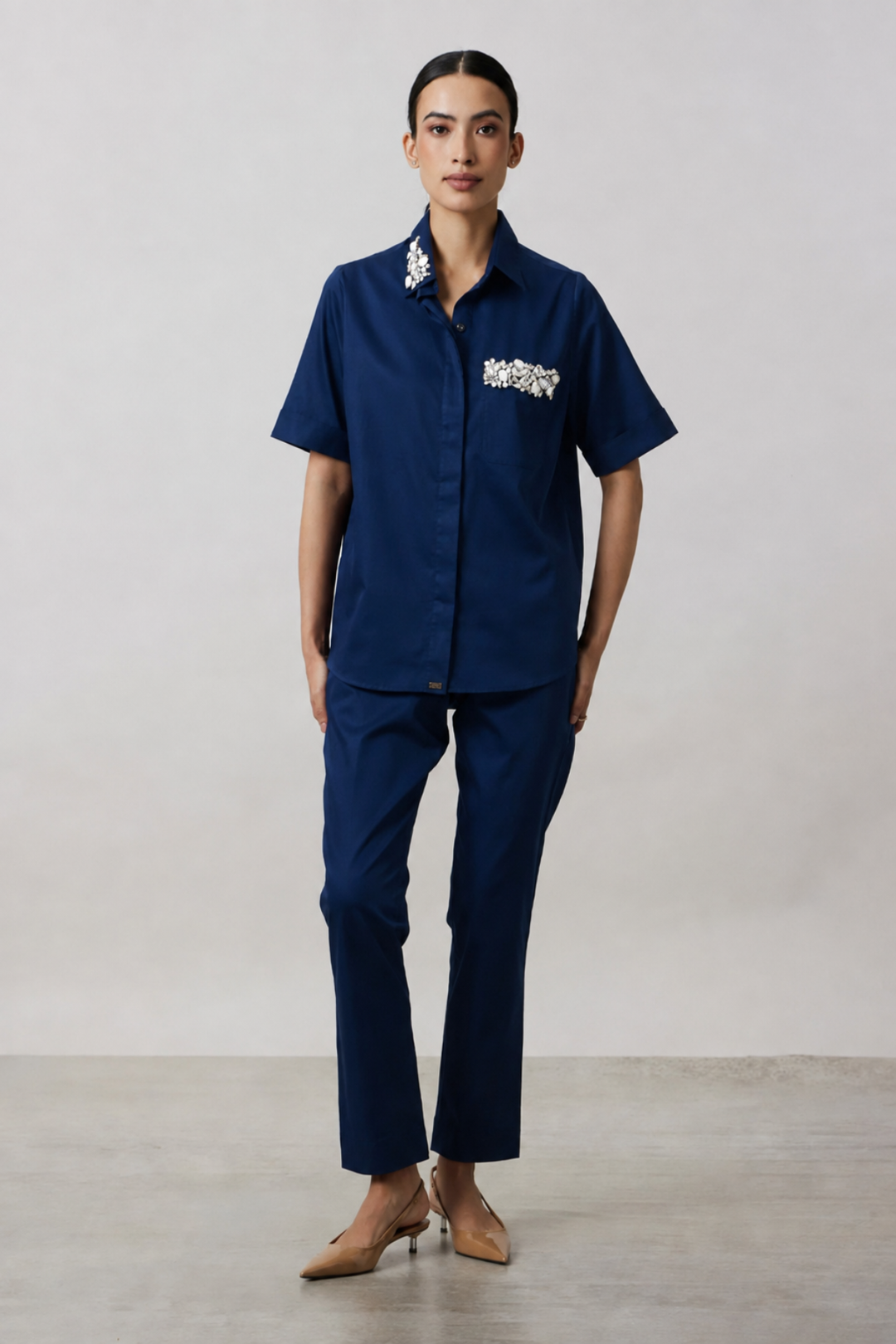 Midnight Blue Collar Pocket Crystal Co-ord Set