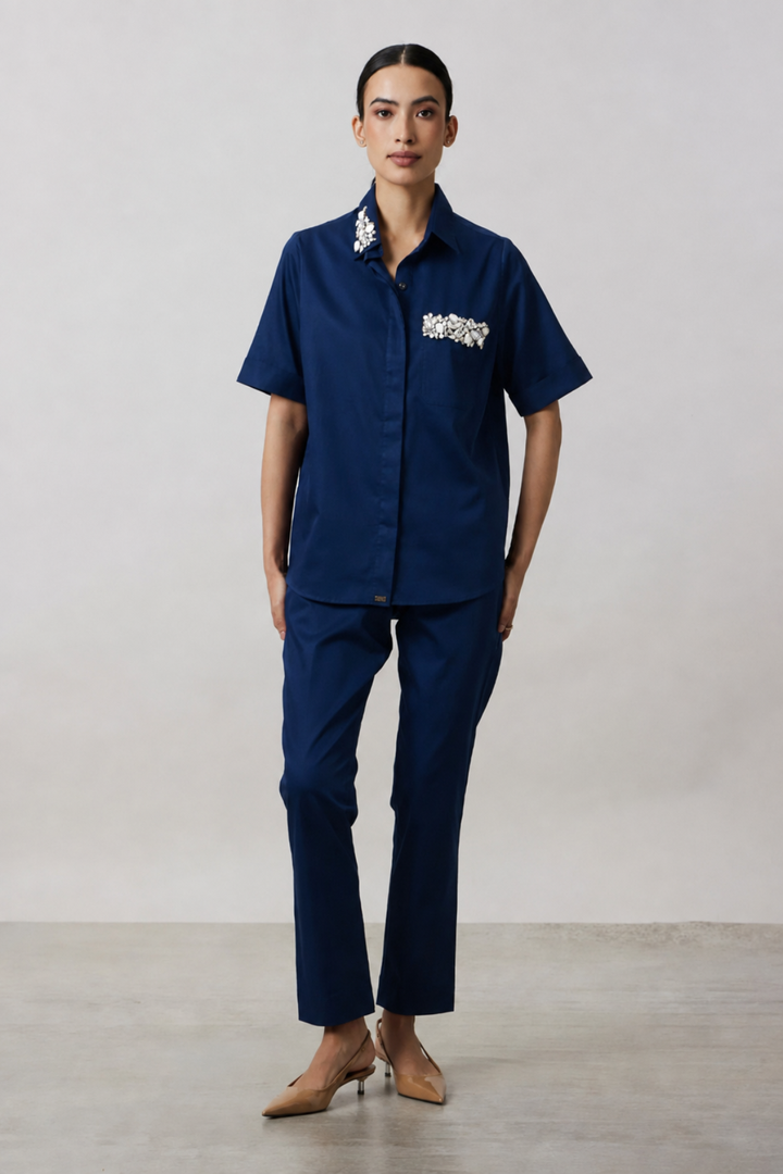 Midnight Blue Collar Pocket Crystal Co-ord Set