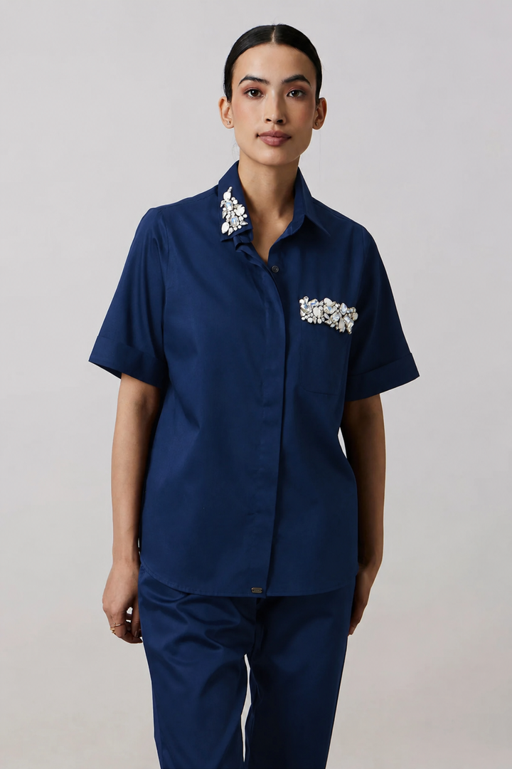 Midnight Blue Collar Pocket Crystal Co-ord Set