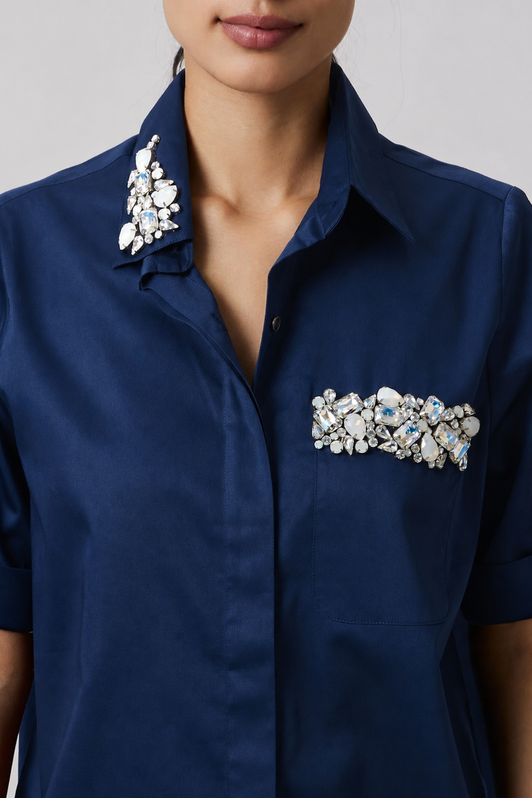 Midnight Blue Collar Pocket Crystal Co-ord Set