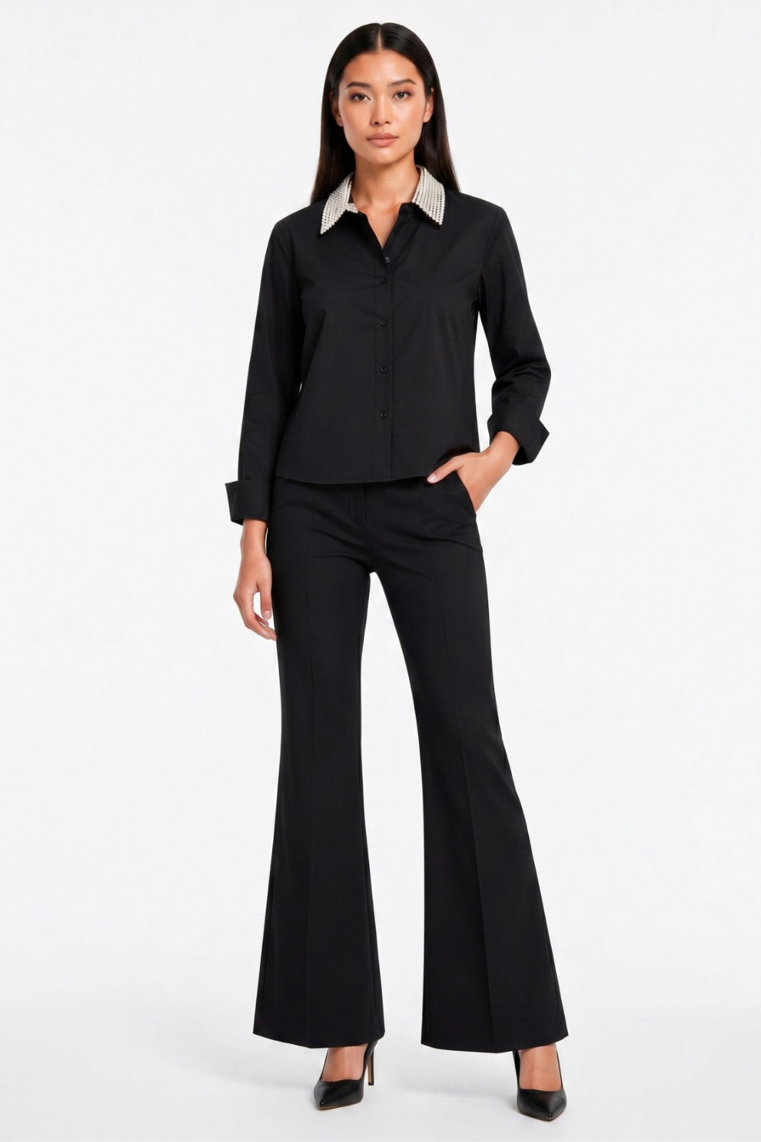 Black Pearl Collar Crop Shirt