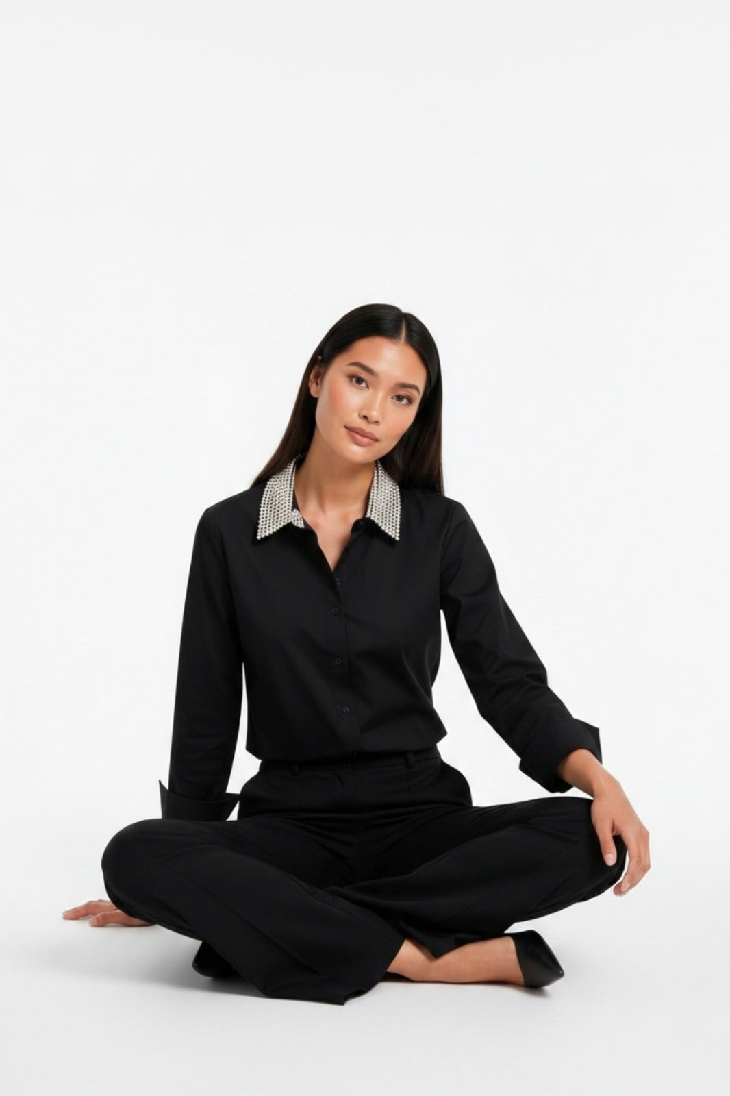 Black Pearl Collar Crop Shirt