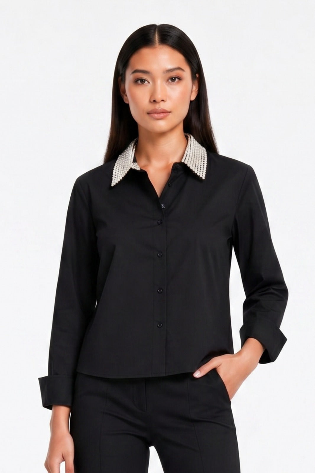 Black Pearl Collar Crop Shirt