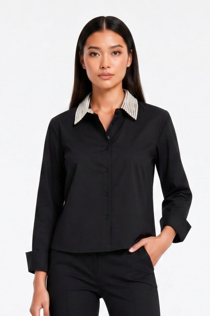 Black Pearl Collar Crop Shirt