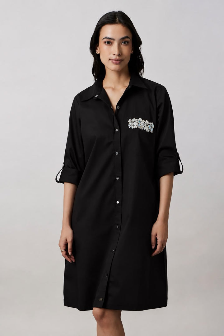 Black Pocket Crystal Shirt Dress