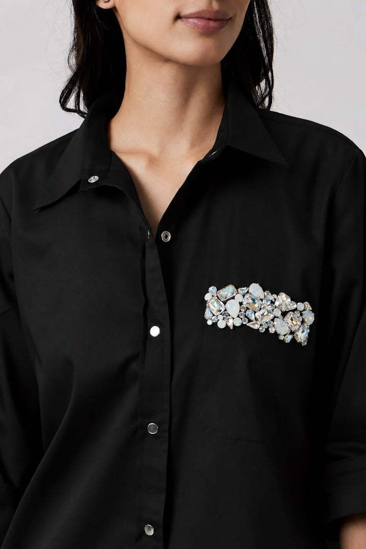 Black Pocket Crystal Shirt Dress