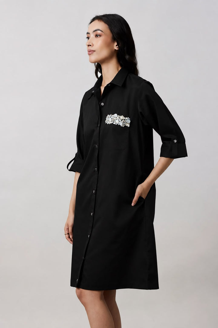 Black Pocket Crystal Shirt Dress