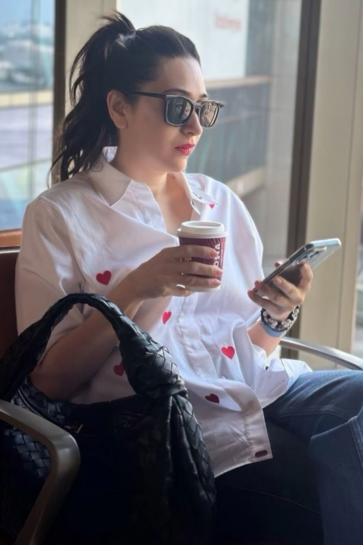 Karishma Kapoor in White Red Heart Embroidered Shirt