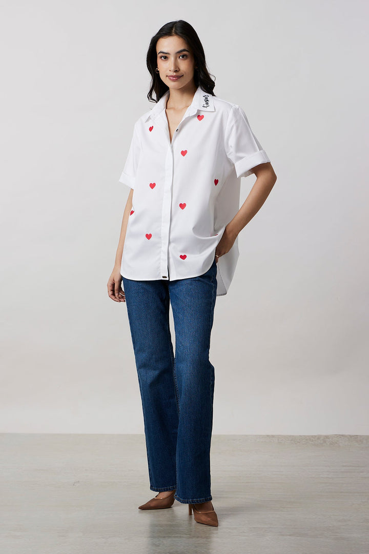 Karishma Kapoor in White Red Heart Embroidered Shirt