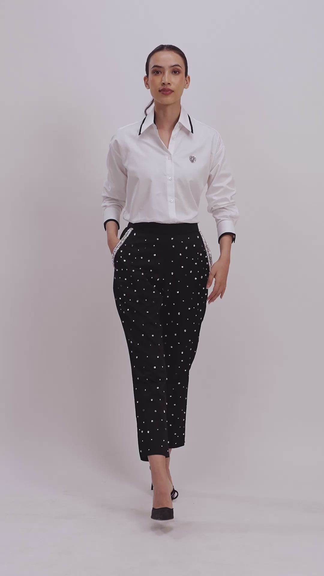 WHITE TUXEDO SMALL SWAROVSKI HEART SHIRT WITH SWAROVSKI PANTS