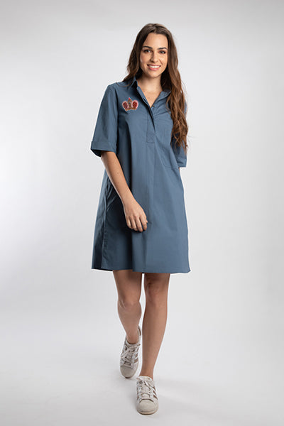 Elephant Grey Pleated Pocket Dress With PLV Brooch