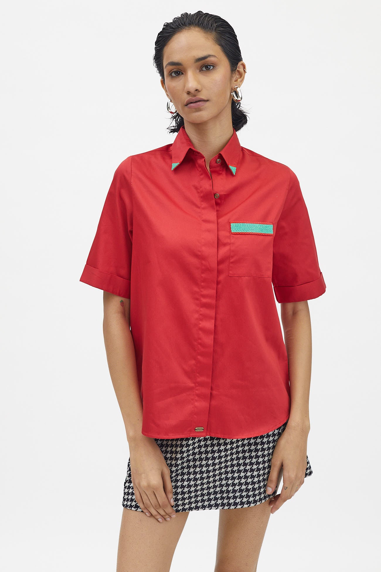 Red Embellished Jade Green Pop Pocket Shirt
