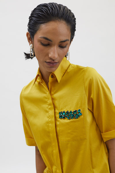 Canary Yellow Emerald Pocket Swarovski Shirt
